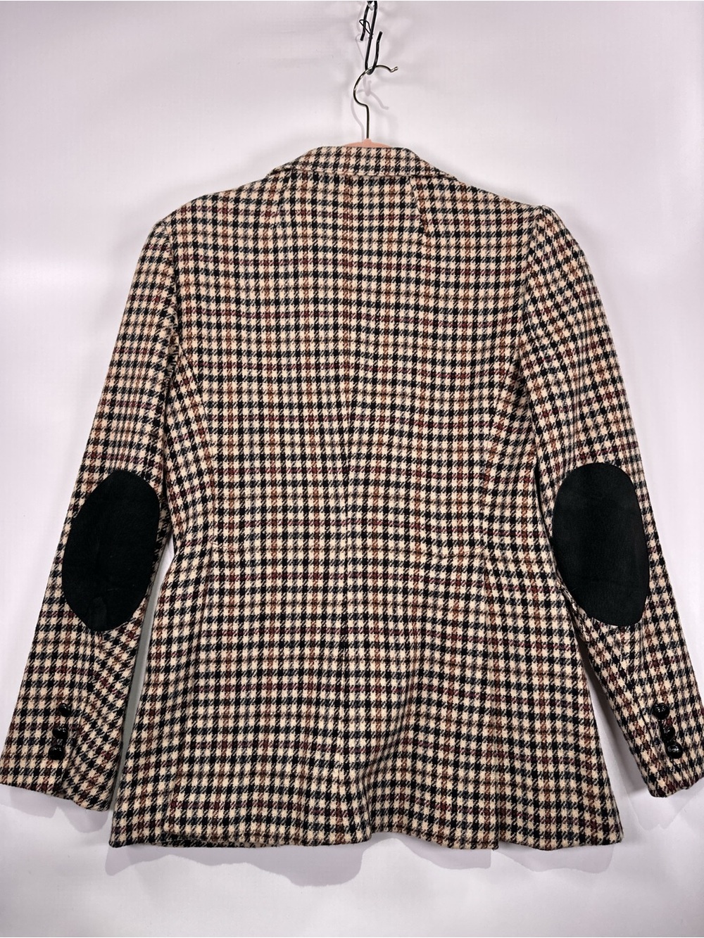 Paula Saker Vintage Blazer Suede Patches Houndstooth Tan Size 10 - Picture 4 of 13